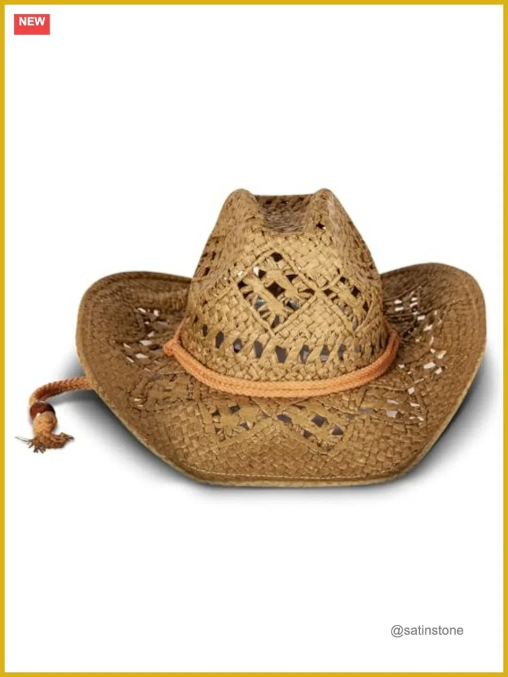 Woven Straw Cowboy Hat with Rope Detail, Wide Brim Sun Protection, Adjustable